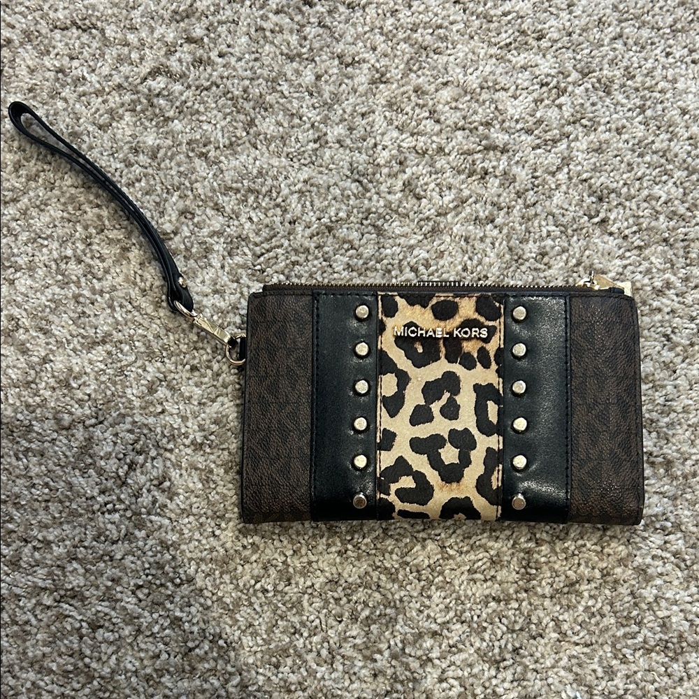 Michael Kors Leopard Print and Black Wristlet